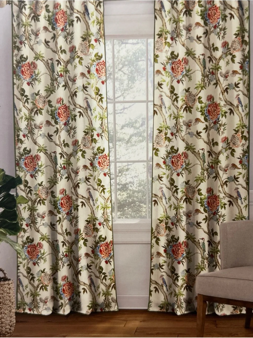 LILLIAN AUGUST 38 x 84 Curtain panels Floral & Birds Rod pocket back tab 2 PC